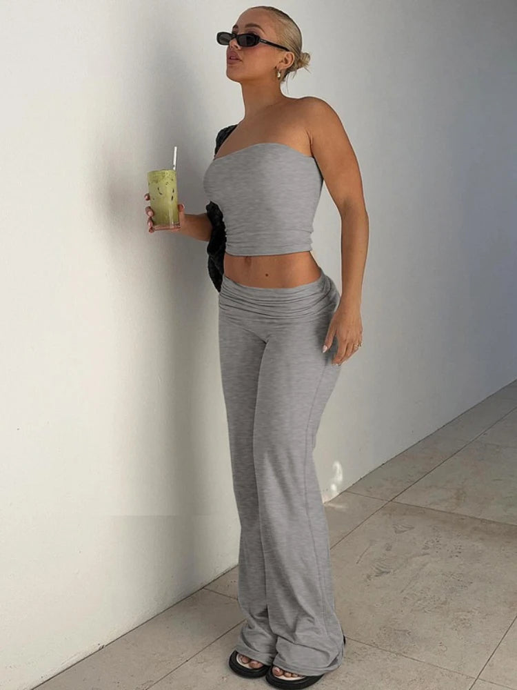 Women's Clothing 2025 Spring Fashion New Item Solid Color Strapless Top Flared Pants Fashionable Slim Fit Sports Suit for Women