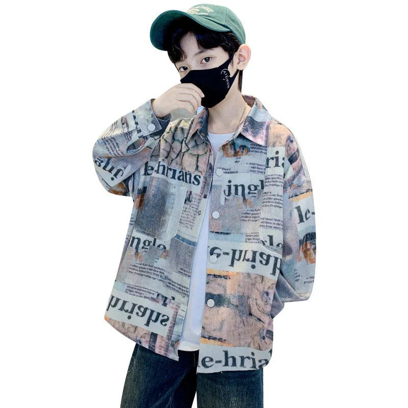 New Fashion Baby Boy Clothes with Newspaper Print Shirt For Kids Boy Autumn Newspaper Print Clothing Age 5 6 7 8 9 10 11 12 14Y