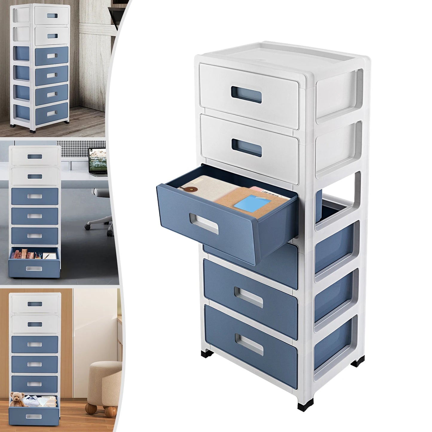 6-Tier Drawer Cabinet, Blue-White Drawer Desktop Organizer Box, Plastic Drawer Container Storage Box for Home, Office, Study