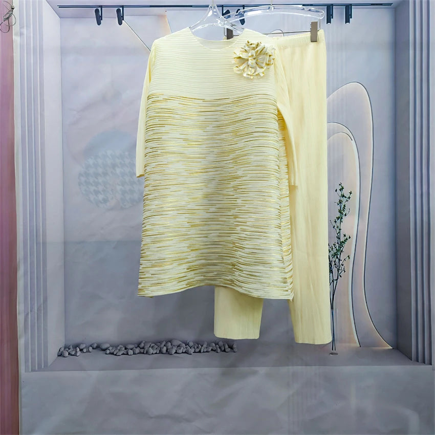 Woman Clothing 2 Pieces Set Elegant Pants And Blouse Suits Plus Size Women's Pleated Pantsuit Luxury Party Formal Female Fashion