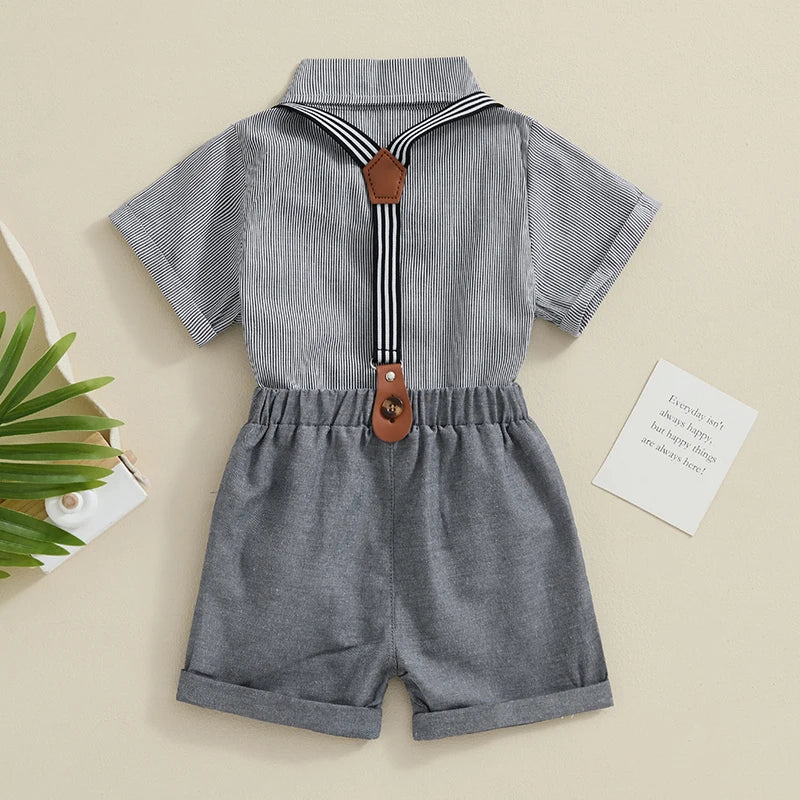 2024-02-29 Lioraitiin Toddler Baby Boy Gentleman Set Stripe Pattern Short Sleeve Shirt with Suspender Shorts 2Pcs Outfit