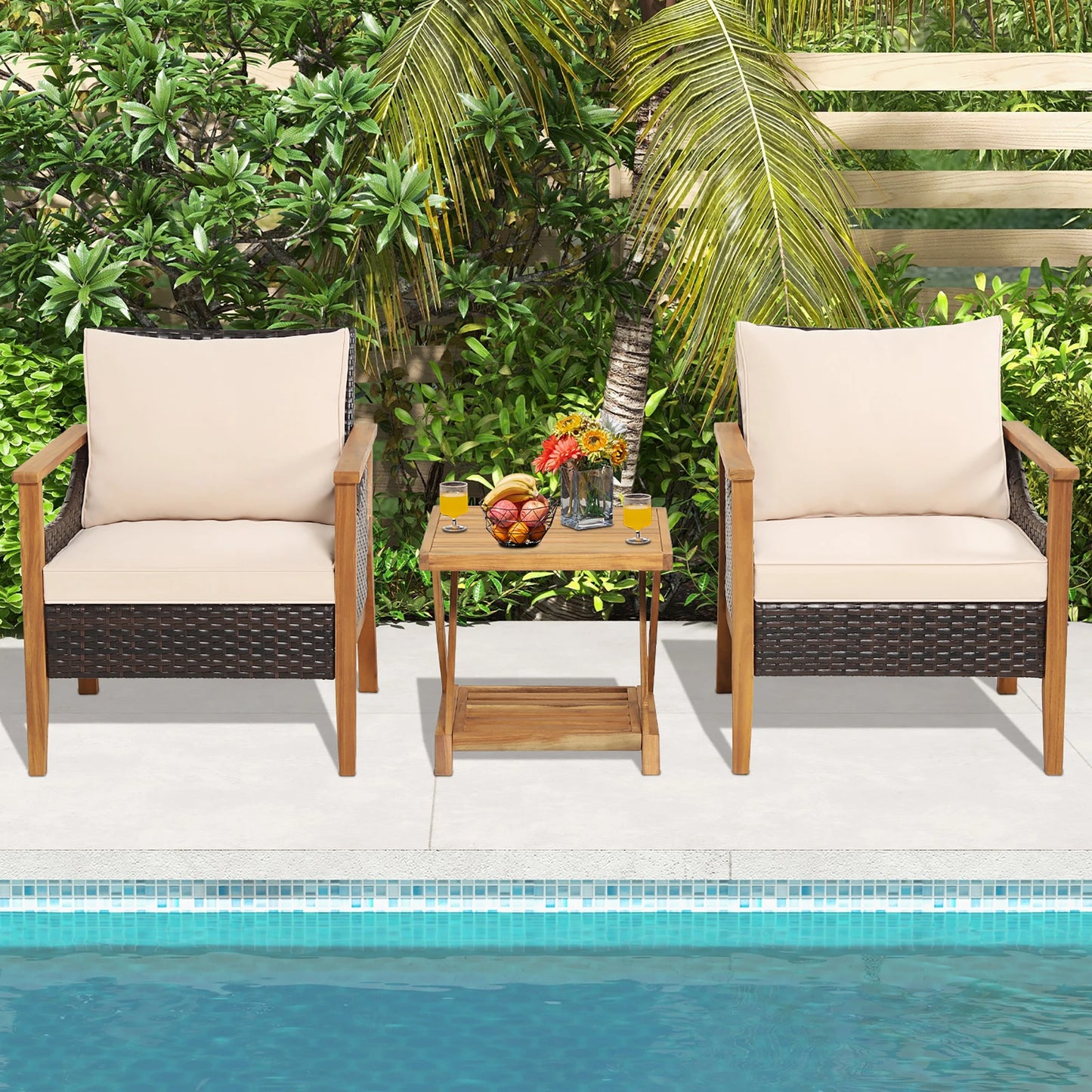 3PCS Patio Wicker Furniture Set Cushioned Armchairs with 2-Tier Side Table Balcony