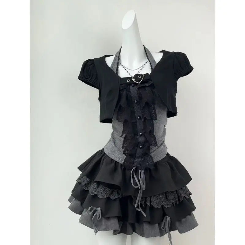 Women's Clothing Japanese 3 Piece Sets Patchwork Lace Tshirts Crop Vest Bow Sweet Skirt Outfits Roupas Femme Chic Summer Suit