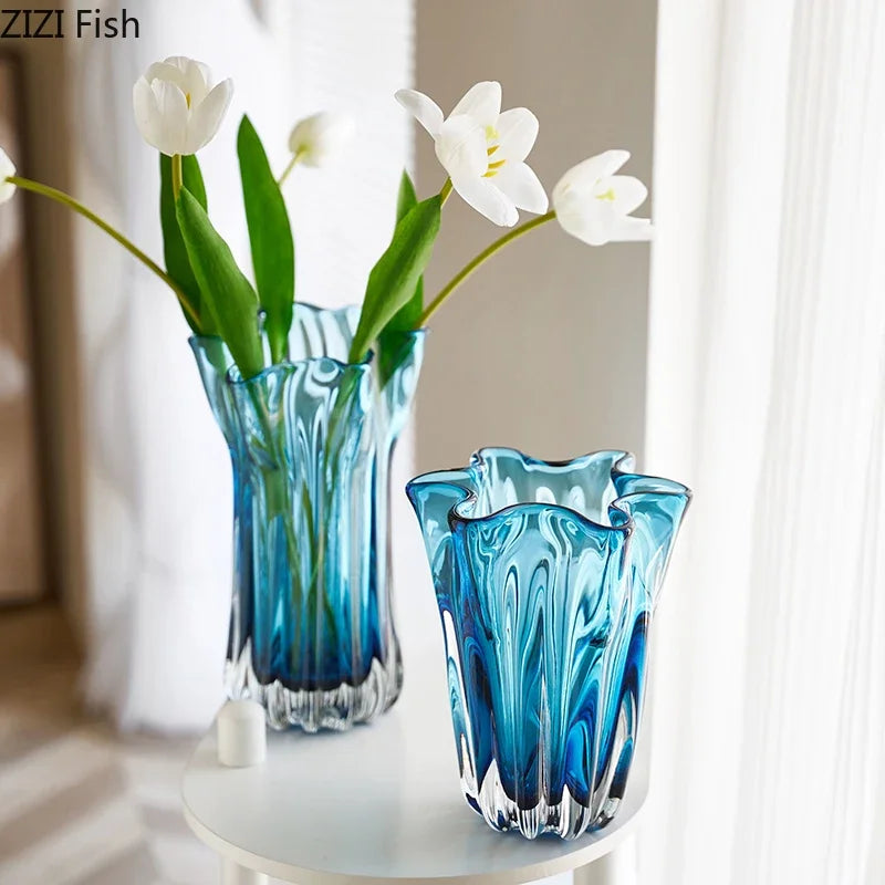 Transparent Blue Hydroponic Glass Vase Flower Pots Desk Decoration Flowers Arrangement Modern Floral Vases Room Aesthetic Decor