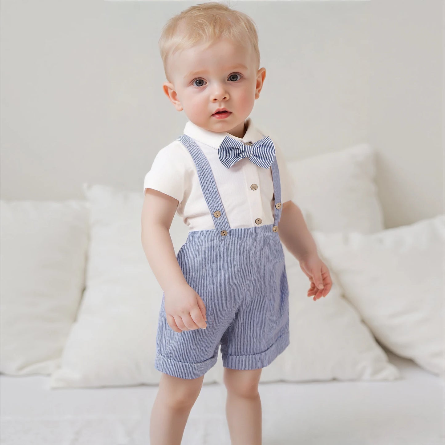 Baby Boy Gentleman Outfit Solid Color Short Sleeve Lapel Neck Romper with Stripe Suspender Shorts Bowtie Boys Summer Clothes