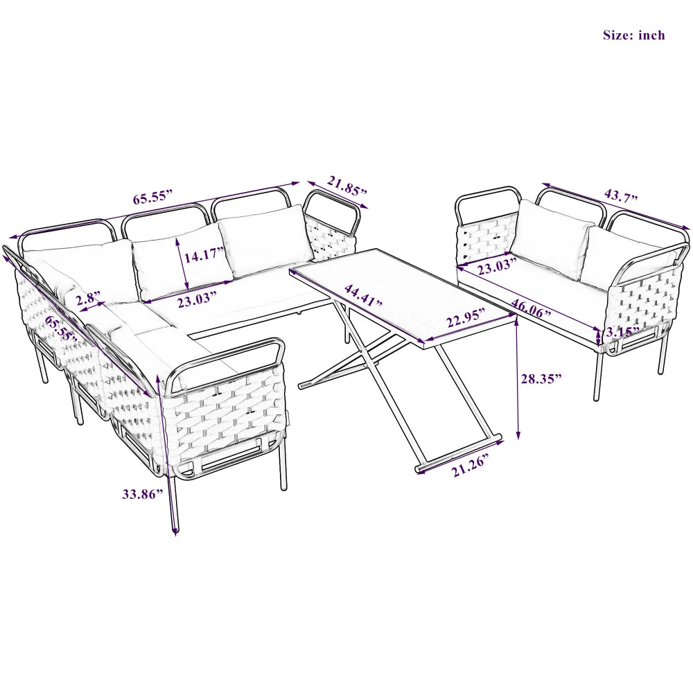 Garden Furniture Sets 5-Piece Modern Patio Sectional Sofa Set Outdoor Woven Rope Furniture Set with Glass Table and Cushions