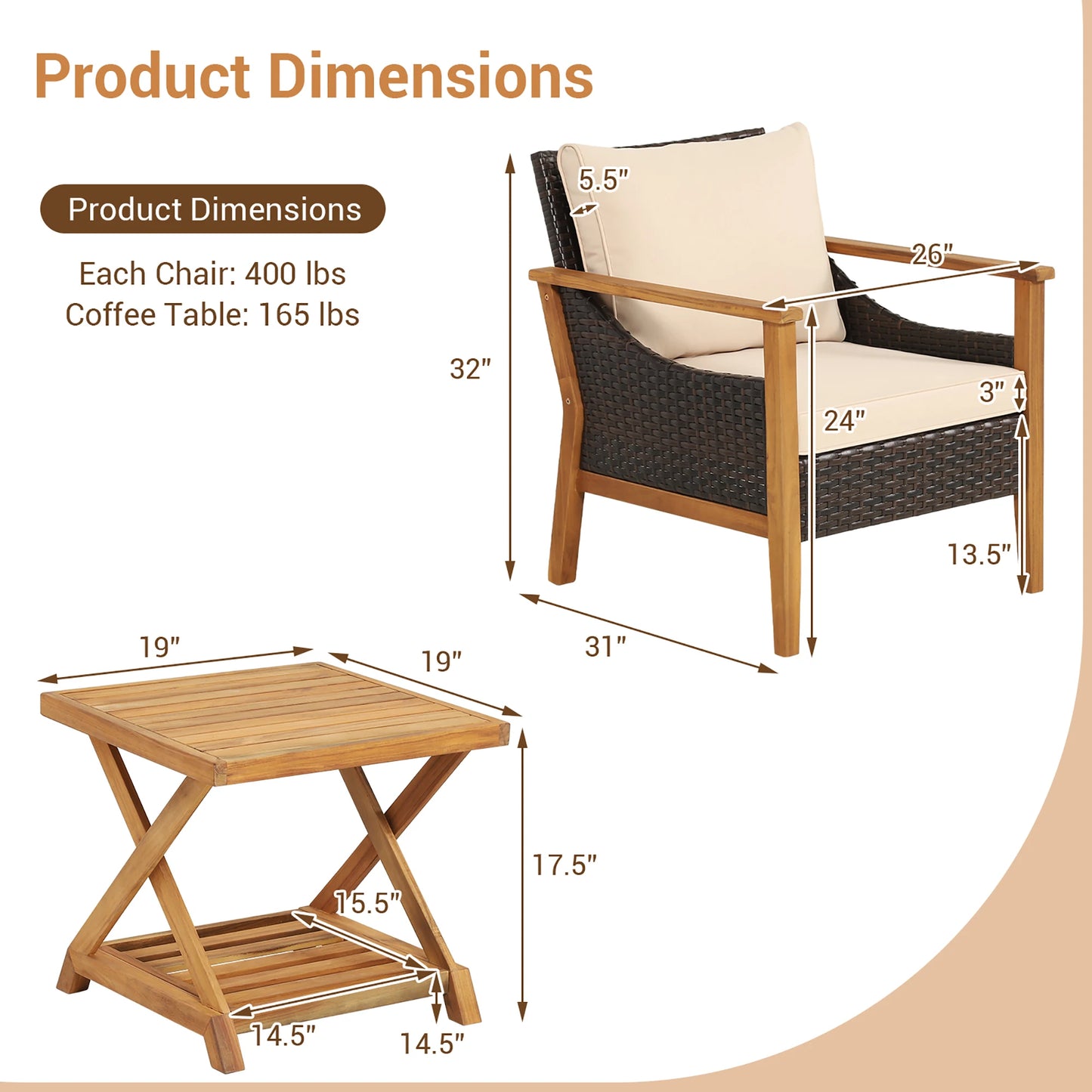 3PCS Patio Wicker Furniture Set Cushioned Armchairs with 2-Tier Side Table Balcony