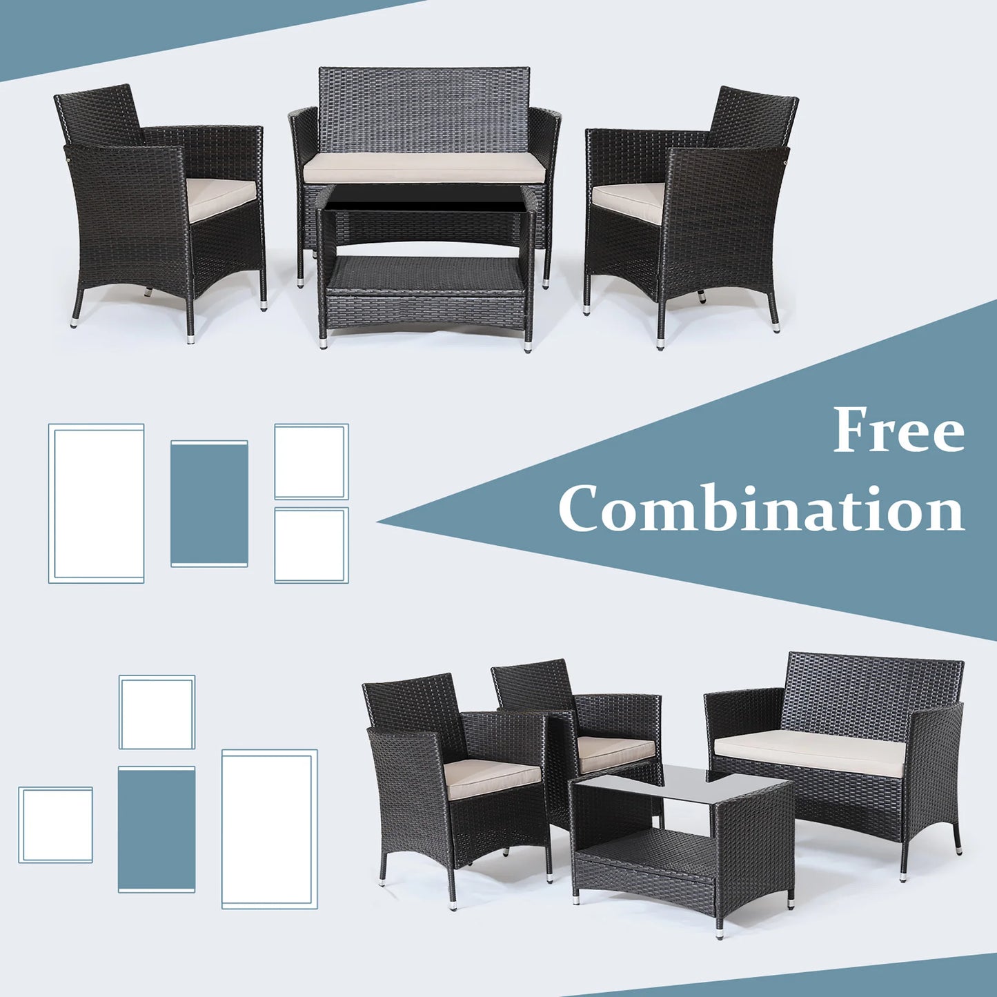 4PCS Patio Rattan Furniture Set Armrest Cushion Sofa Coffee Table withShelf Garden