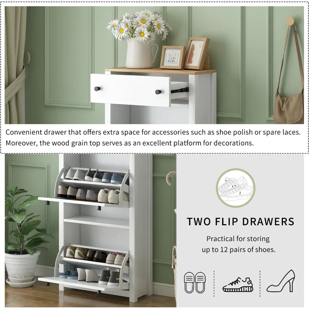 White Shoe Cabinet for Entryway, Slim Shoe Storage Cabinet, Shoe Storage Cabinet with 2 Flip Drawers, Freestanding Organizer Cab
