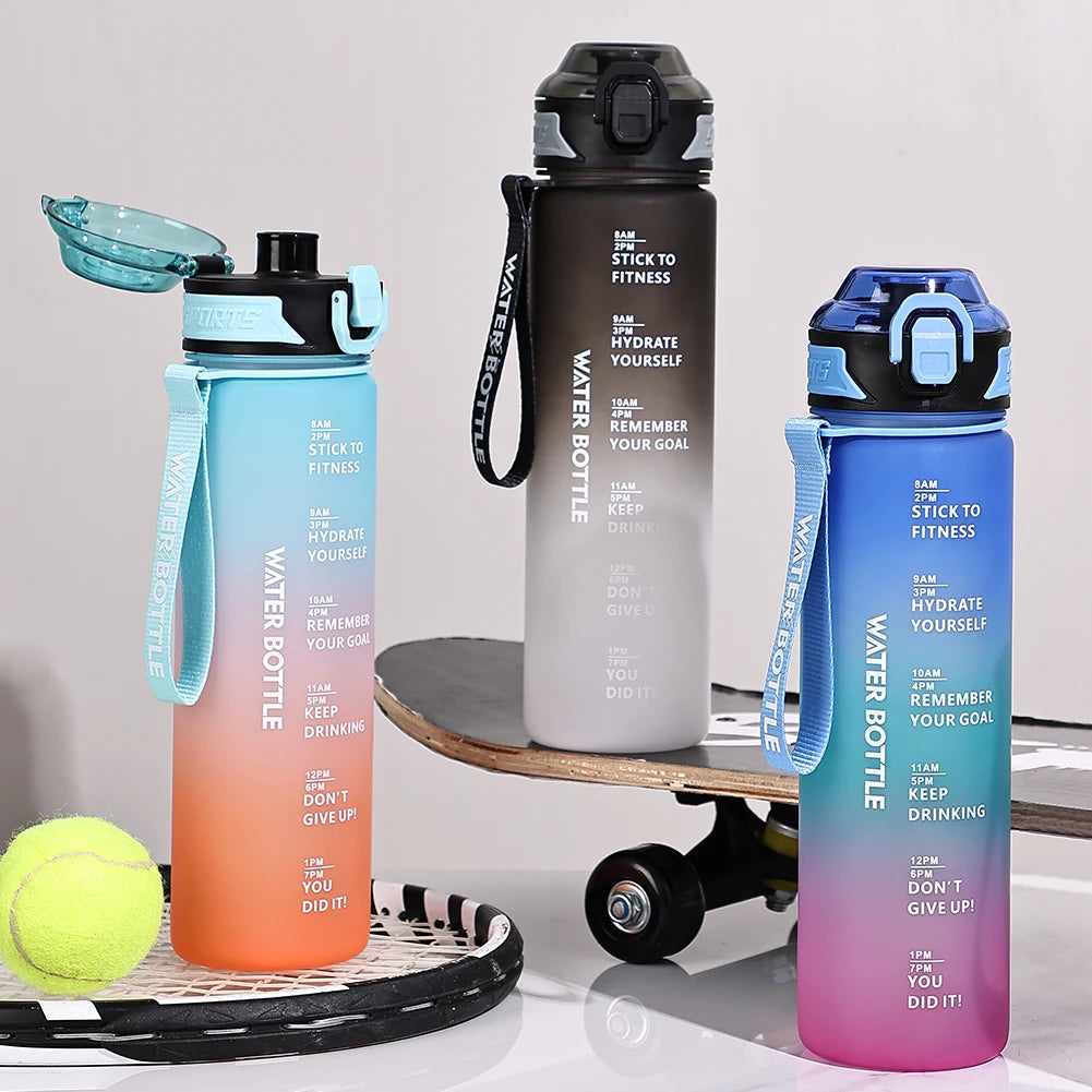 1L Water Bottle Leakproof Gradient Matte Motivational Water Bottle with Time Marker for Fitness Gym Camping Outdoor Sports