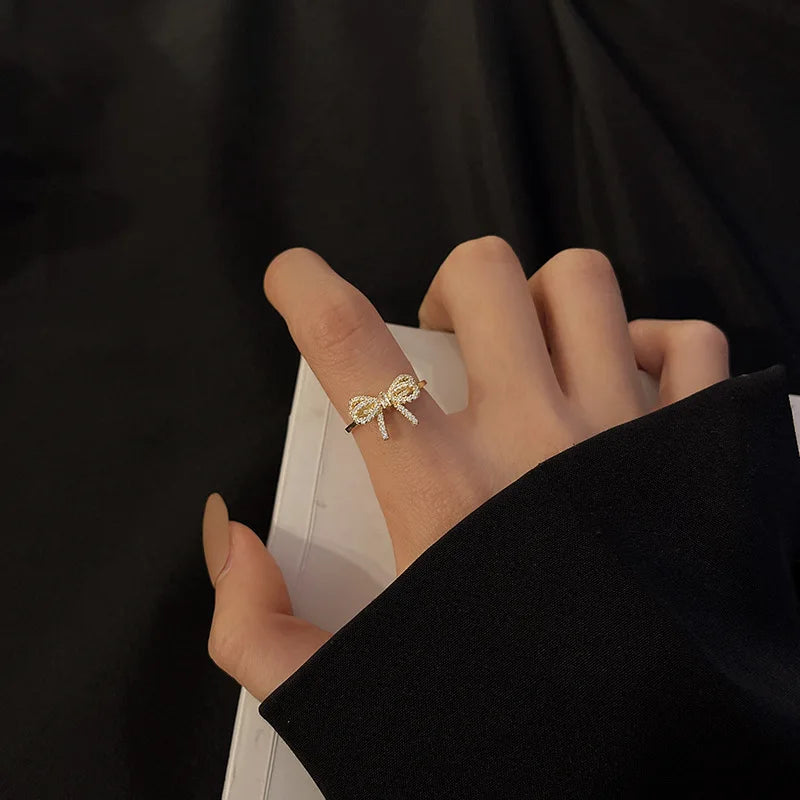 Minimalist Bowknot Opening Rings For Women Gold Silver Color Crystal Zirconia Bow Knot Finger Rings Female Wedding Jewelry
