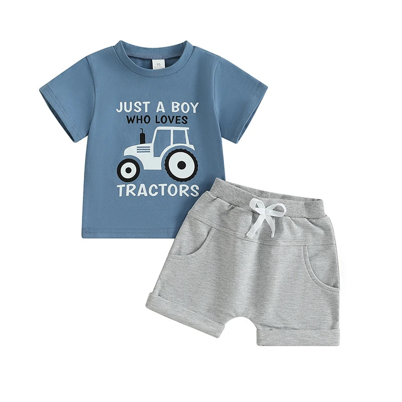 2024-12-31 Lioraitiin Toddler Boy Summer Outfits Tractor Letter Print Round Neck Short Sleeve Tops with Solid Shorts Outfit