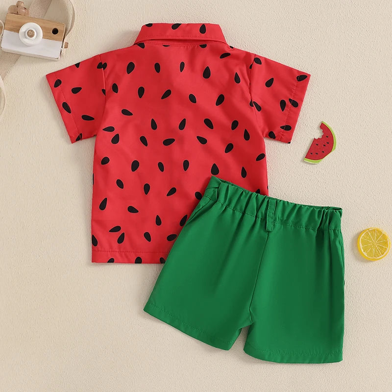 Lioraitiin Toddler Baby Boy Summer Outfits Watermelon Pattern Button Down Turn Down Collar Short Sleeve Shirt with Shorts Set