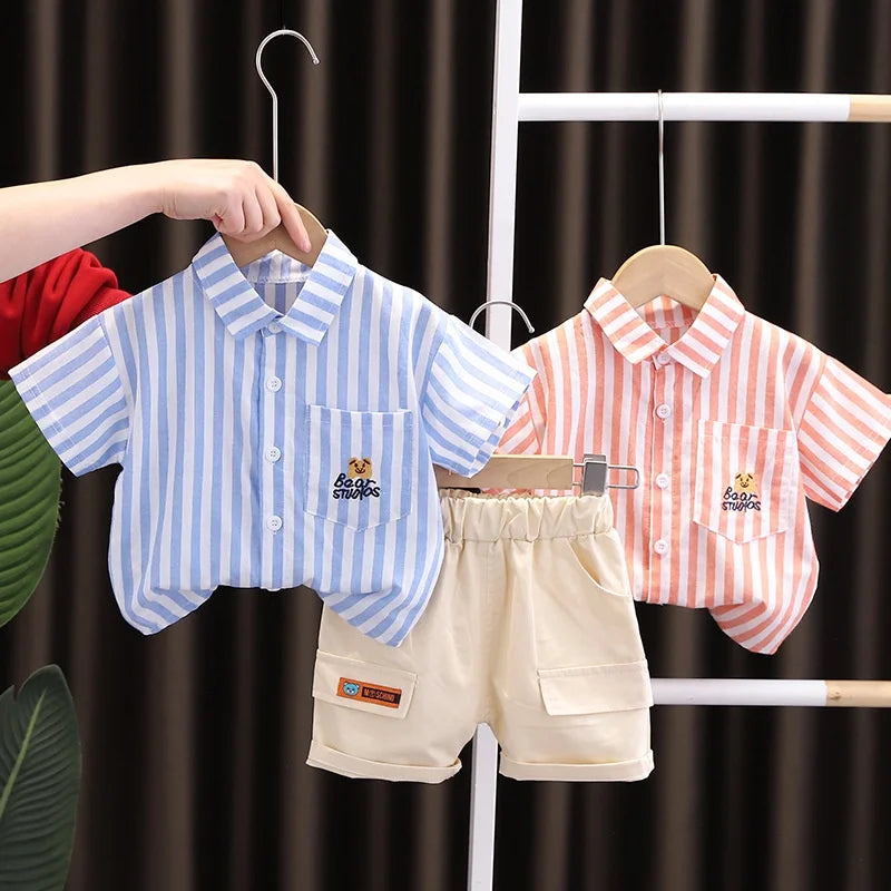 New Summer Baby Boy Clothes Set Toddler Boys Striped Cartoon 2-Piece Outfit with Cargo Shorts Casual Infant Children's Clothing
