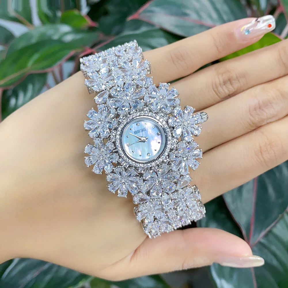 016011 Luxury Women's Watches 19CM Cubic Zircon Elements Crystal Bracelet Watch for Wedding Party Bride Watches Jewellery Set