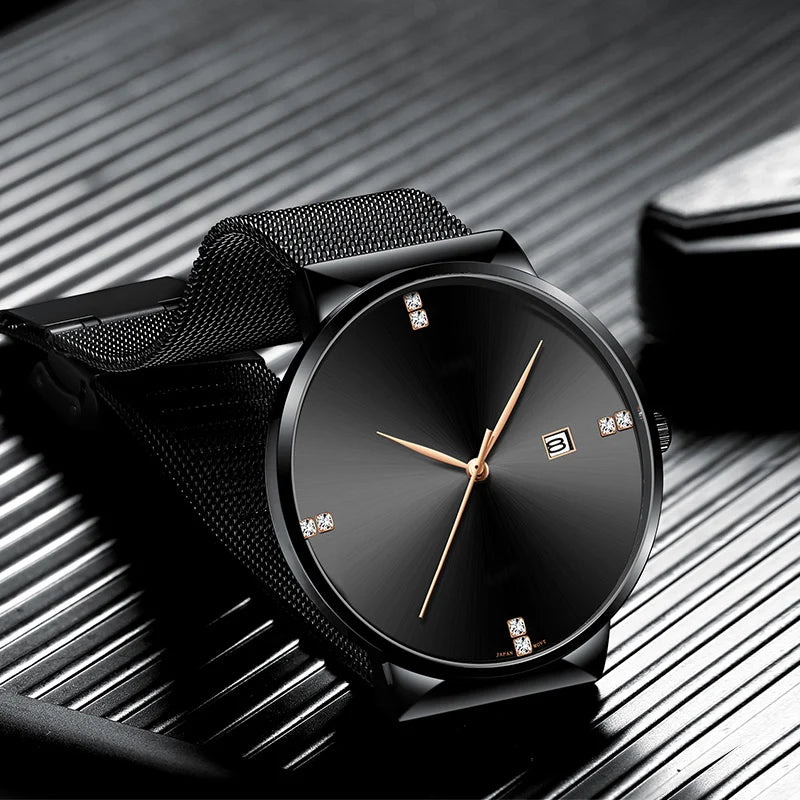Japanese Original Quartz Movement Watch Luxury Rhinestone 40mm Blue Black Business Style Casual Fashion Stainless Steel Watches