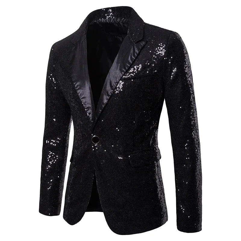 Nightclub Men's Clothing Long Sleeve Sequined Blazer Jacket Single Button Solid Color
