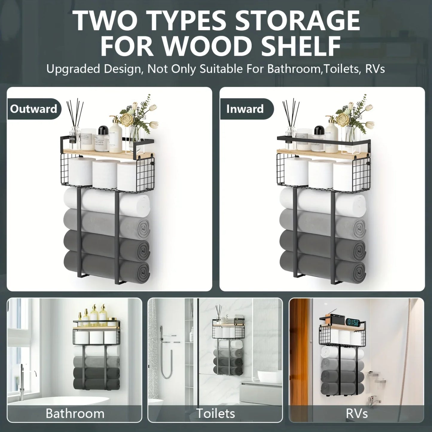 Bathroom Sheves, Towel Racks With Metal Tissue Basket, Holder Wall Rack For Rolled Towels, Org
