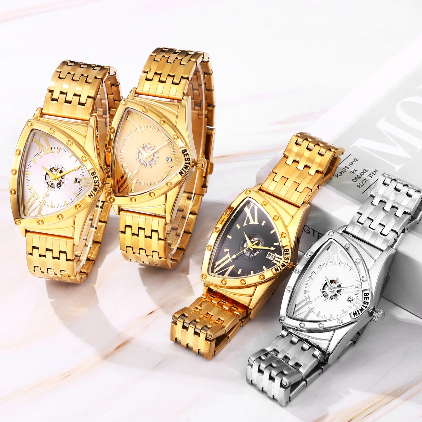 LANCARDO Men's Watch Triangle Dial Stainless Steel Waterproof Strap Quartz Watch Bar Diamond Scale Calendar Available
