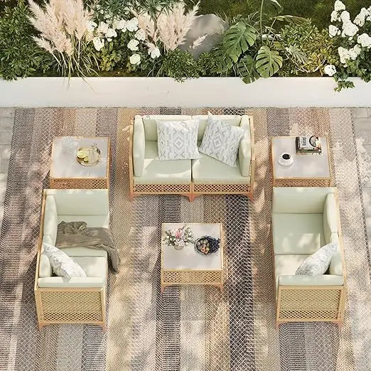 Outdoor Patio Furniture Set, Wicker Outdoor Sectional Set, Boho Patio Conversation Sectional Sofa with Large Tempered Glass Cof