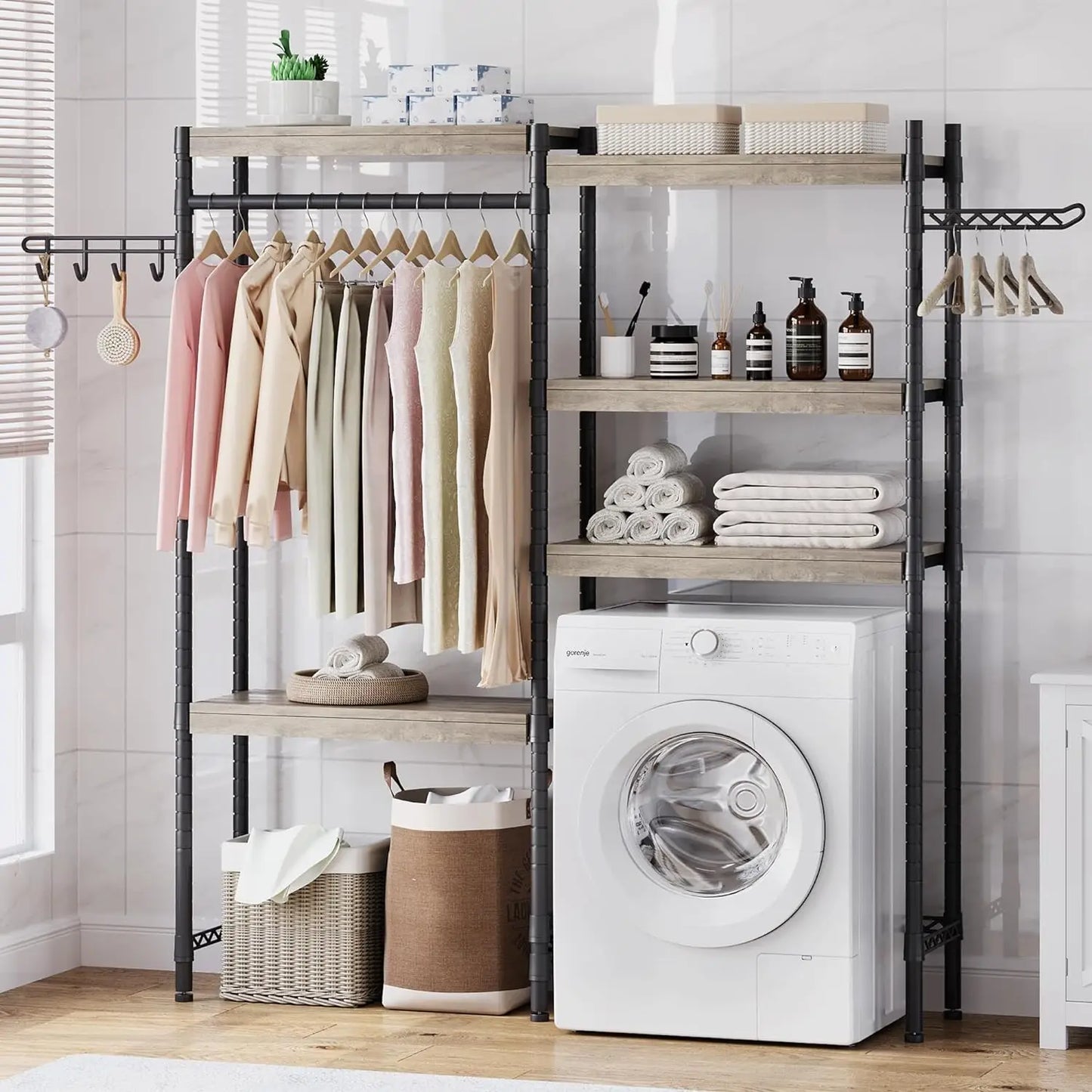 5-Tier Wood Over The Washer and Dryer Storage Shelf-Laundry Room Organization Space Saving Laundry Drying Clothes Racks For Home