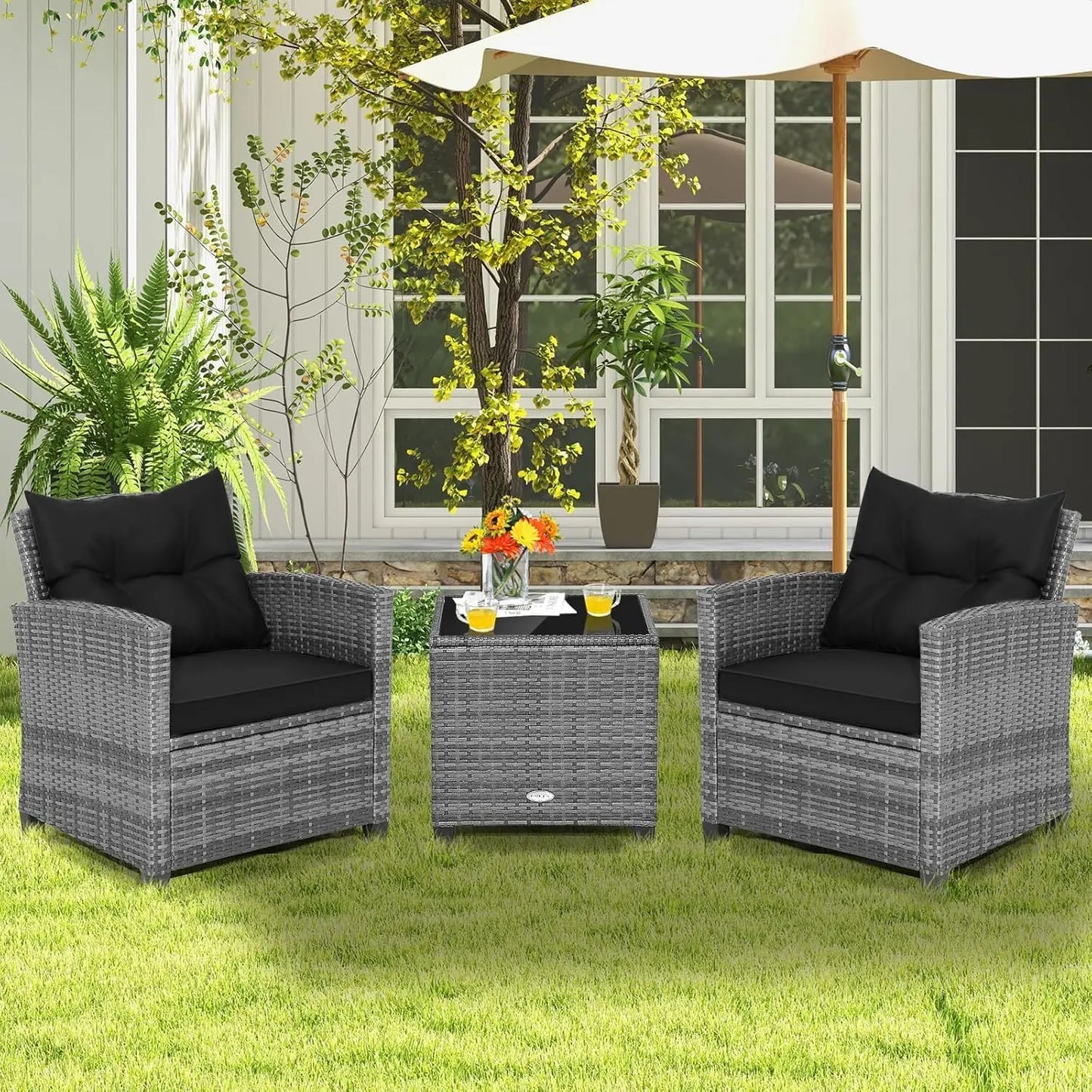 LDAILY Patio Furniture Set, 3 Pieces PE Rattan Wicker Patio Sofa Chairs with Washable Cushion & Glass Table, Outdoor Furniture C