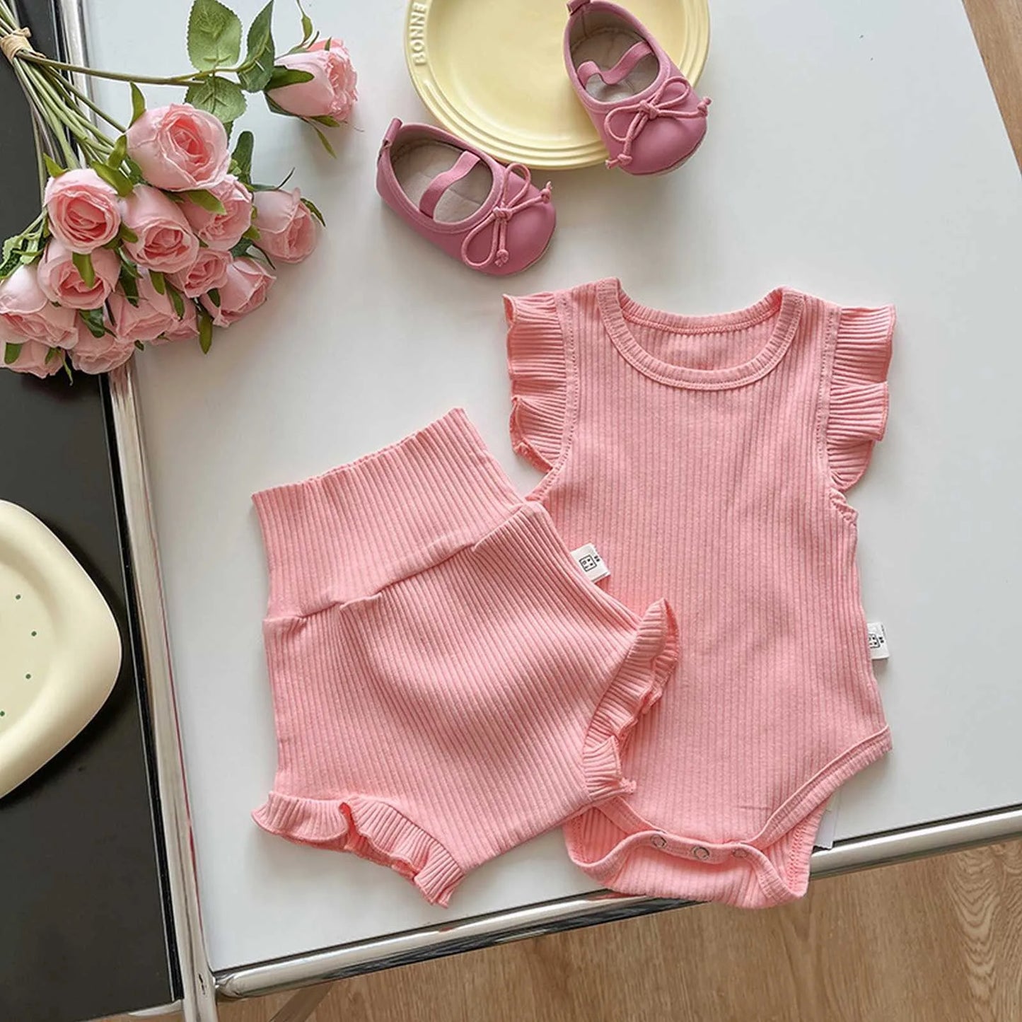 Summer Baby Suit Toddler Boys Girls Ruffle Romper+High Waist Shorts Solid Color Two Pieces Outfits Children's Home Clothes Set