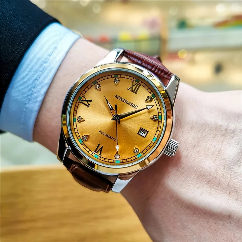 Men's Casual Mechanical Watch with Date Display - Alloy Case, Hollow Design, Leather Strap, Automatic Winding, Suitable for Business and Daily Wear, Daily Watch Casual Style Watch, No Battery, Gift for His Best
