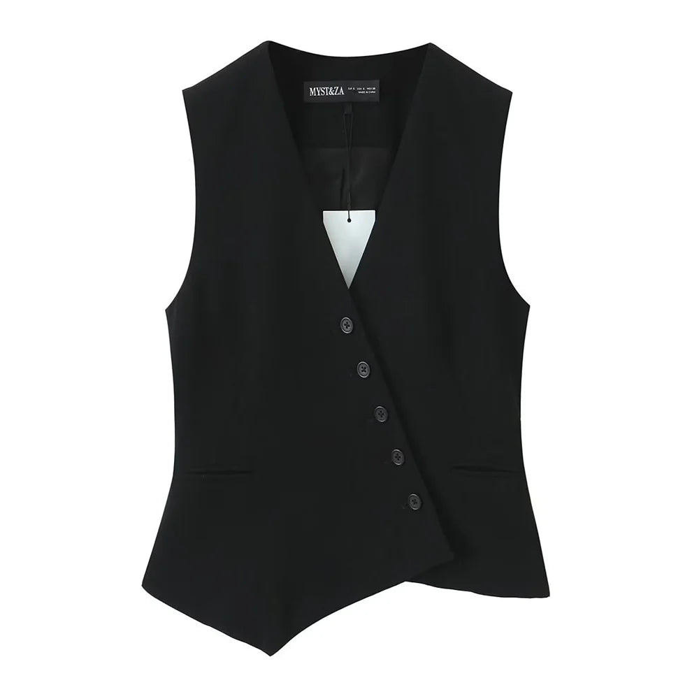 2025 new women's clothing casual elegant design sense European and American retro series asymmetrical vest