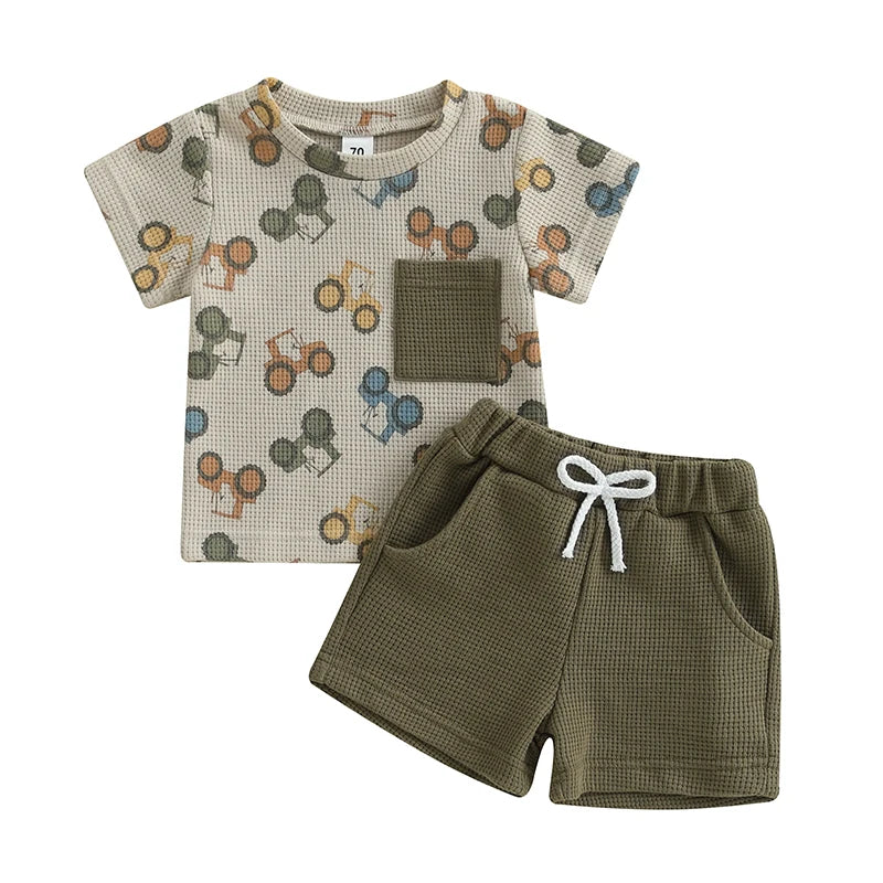 Lioraitiin Toddler Baby Boy Summer Outfit Waffle Tractor Print Short Sleeve T-shirts Solid Elastic Waist Shorts Summer Set