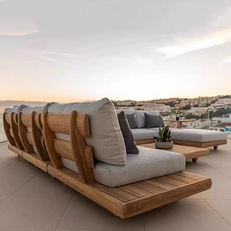 Outdoor Sofa, Full Teak Furniture Set, Rain and Sun Protection, Suitable for Gardens, Villas and Outdoor Swimming Pools