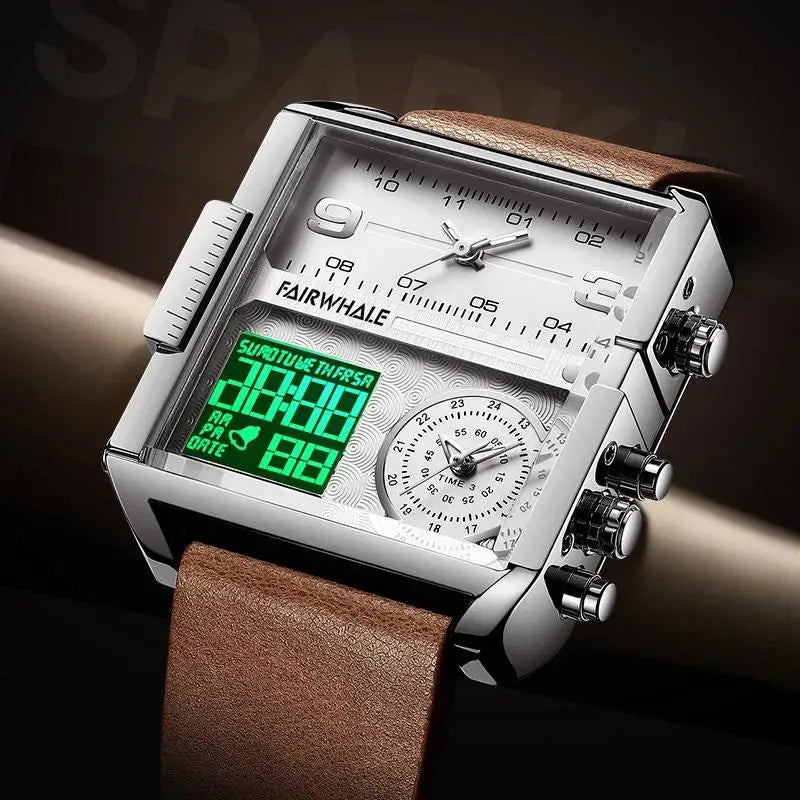 Mark Fairwhale Luxury Quartz Watches Men Fashion Brown Leather Strap Clock Military Waterproof Square Electronic WristWatch Man