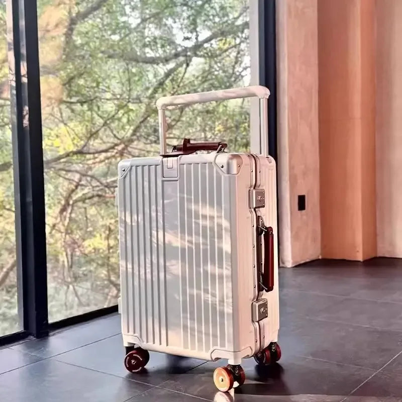New Aluminum Frame Wide Handlebar Rolling Luggage Large Capacity Trolley Suitcase with Colorful Silent Spinner Wheels TSA Lock