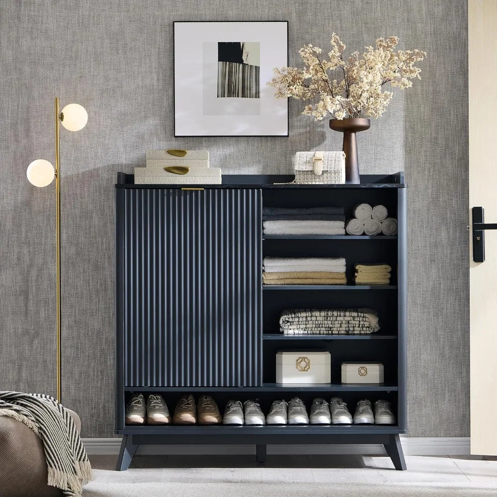Fluted Shoe Storage Cabinet with 2 Flip Drawers & Sliding Door, 4-Tier Adjustable Shelves, 47" Wide Freestanding Shoe Organizer