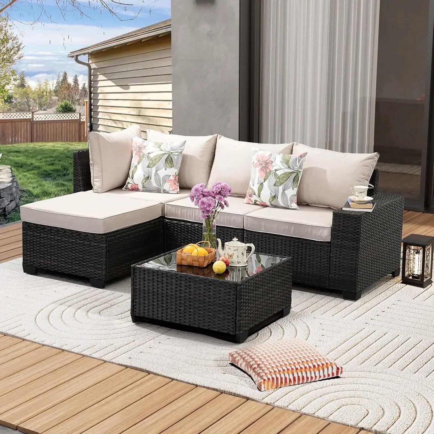 5-Piece Patio Furniture Set – All-Weather Wicker Rattan Sectional Sofa with Cushions for Durable Outdoor Comfort