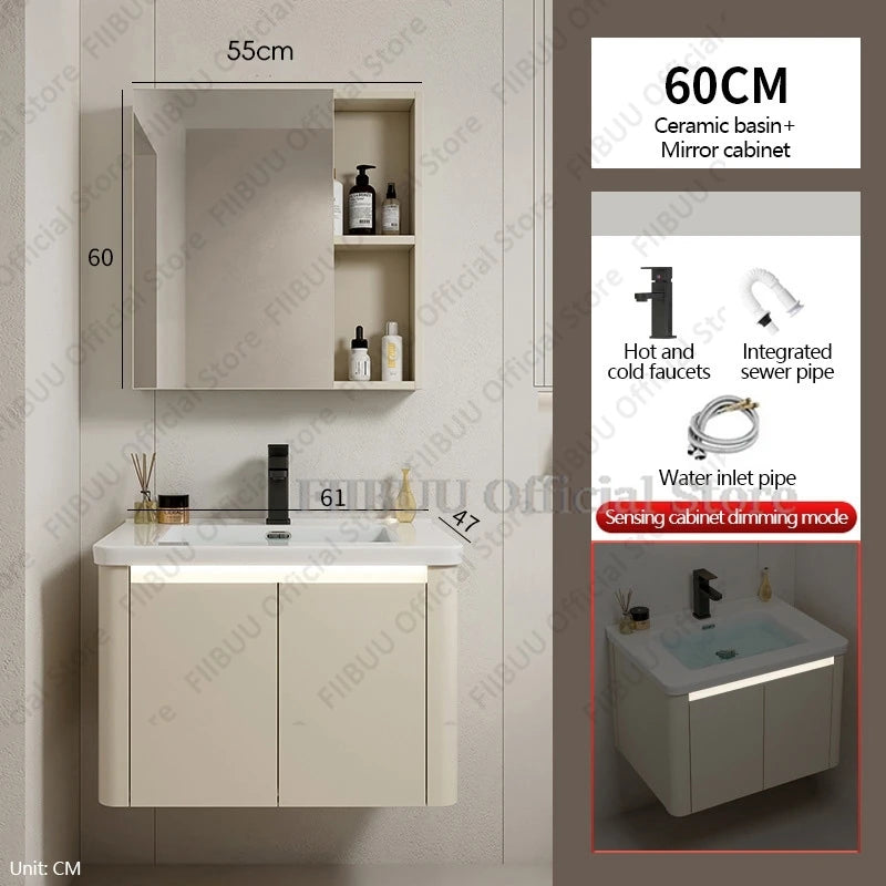 Bathroom Cabinet with Rounded Corners Ceramic Washbasin Wall-mounted Bathroom Dressing Storage Cabinet with Mirror and Faucet