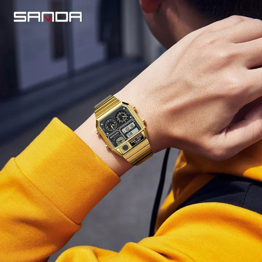 SANDA 3192 Youth Casual Multi-function Thermometer Stopwatch Chronograph Men’s Watch Hot-selling LED Electronic Square Men's