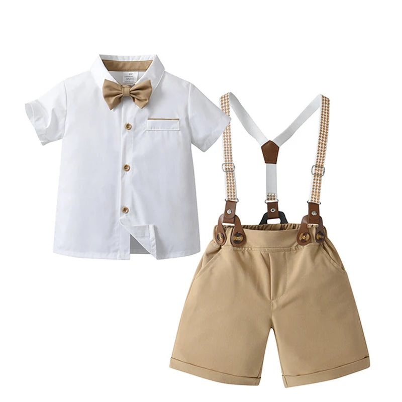 Baby Boy Clothes Set Summer Short Sleeve Shirt Bowtie +Suspenders Shorts 3pcs Kids Birthday Party Children Gentleman Suit