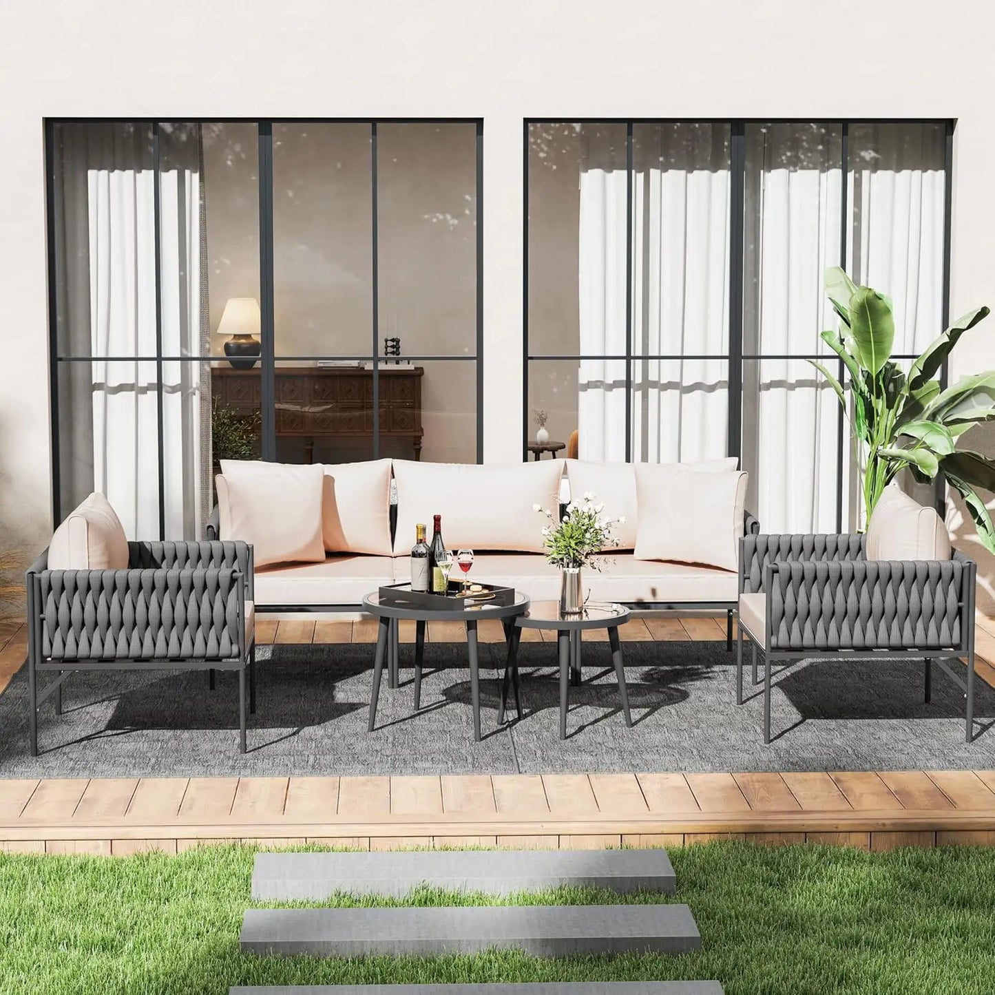 Patio Furniture Set, Patio Conversation Set with Handwoven Rope and Deep Seating, Outdoor Furniture 5-Seat Sofa with Two Round