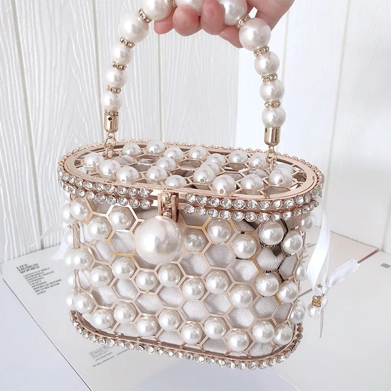 Metallic Evening Bag Pearl Hollow Out Womens Bags Luxury Design Rhinestone Diamond Dinner Bags For Party Wedding Handbags