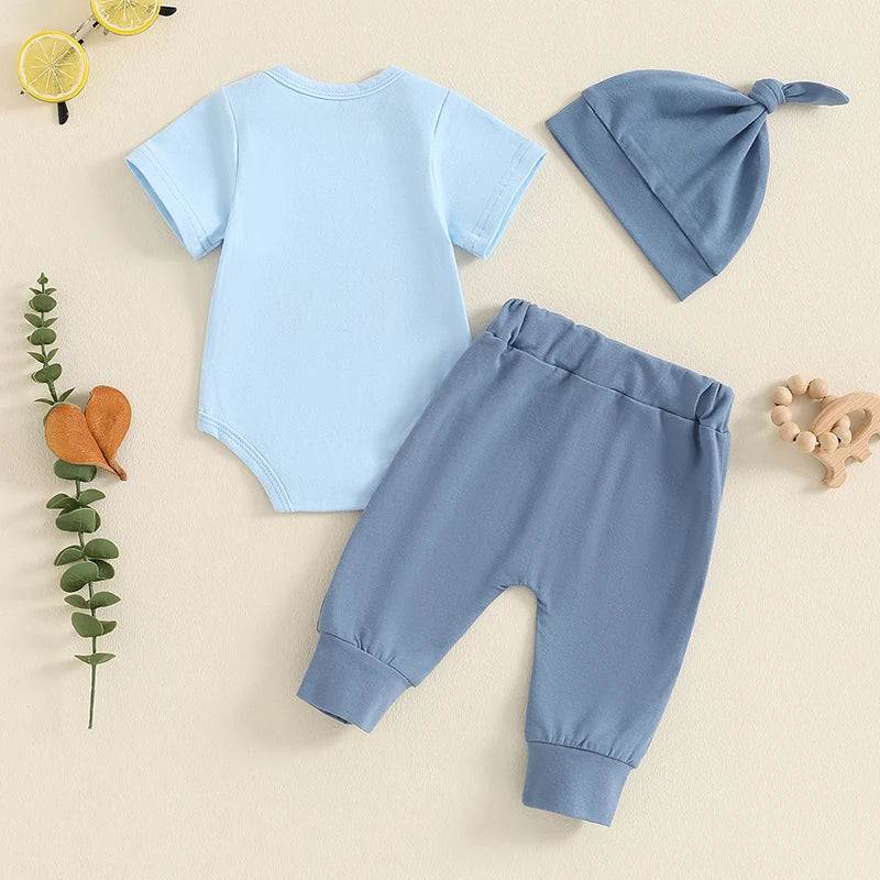 2024-05-05 Lioraitiin Baby Boy Summer Outfit Letter Embroidery Short Sleeve Romper with Solid Color Pants and Hat 3Pcs Set
