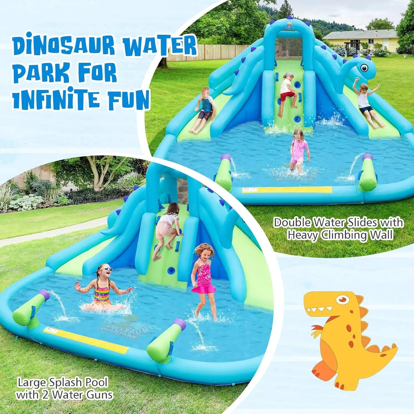 Inflatable Water Slide with Dinosaur, Double Slides Kids Mega Waterslide Park Heavy Climbing Wall for Outdoor Racing, Blow up Wa