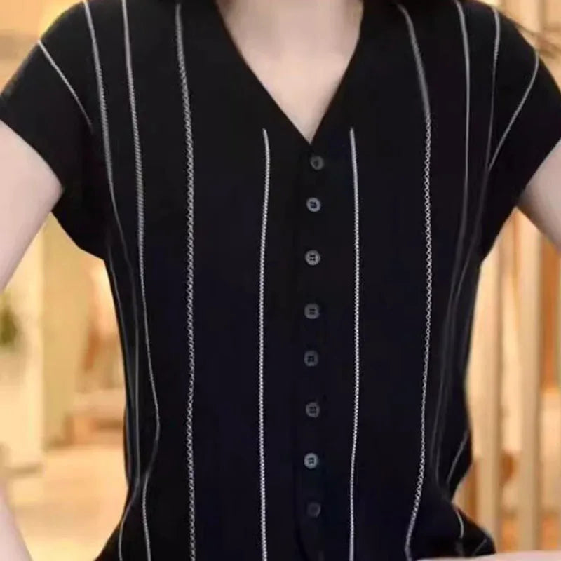 Women's Clothing Hollow Out French Style Cardigan Summer Striped Large Size Knit tees Short Sleeve Lady V-neck All-match Tops