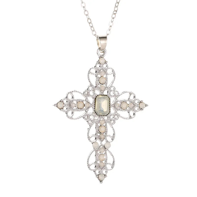 Gothic Big Zircon Cross Necklace Unisex Y2K Irregular Goth Large Cross Pendant Necklaces for Men Women Couple Necklace Jewelry