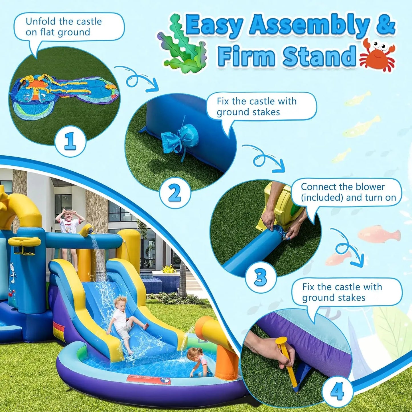 Inflatable Water Slide with 735w Blower, Ocean Themed Bounce House Water Park with Ball & Splash Pool, Indoor Outdoor Bouncy Cas
