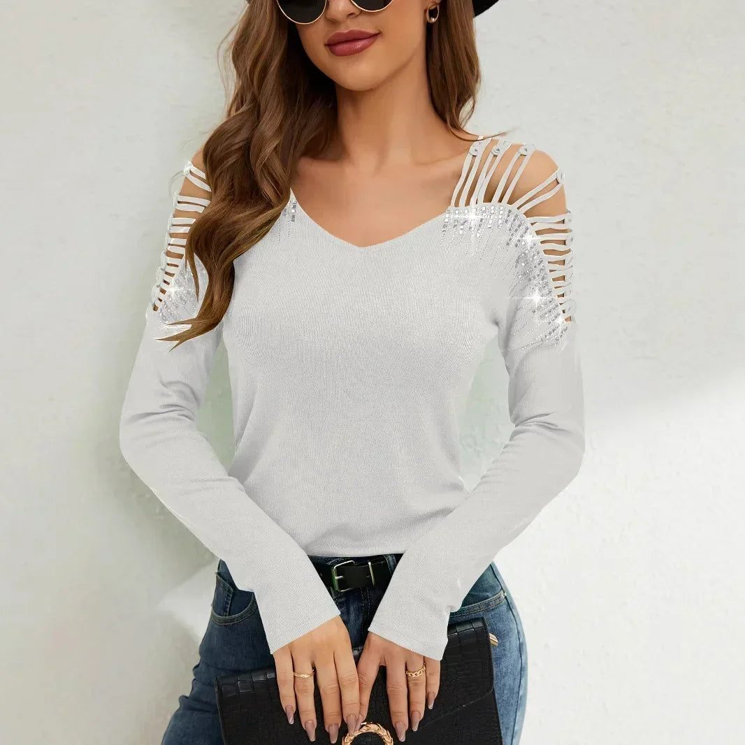 Lace splicing rhinestone V-neck long sleeved women's T-shirt sports women's round neck hollowed out shoulder long sleeved shirt