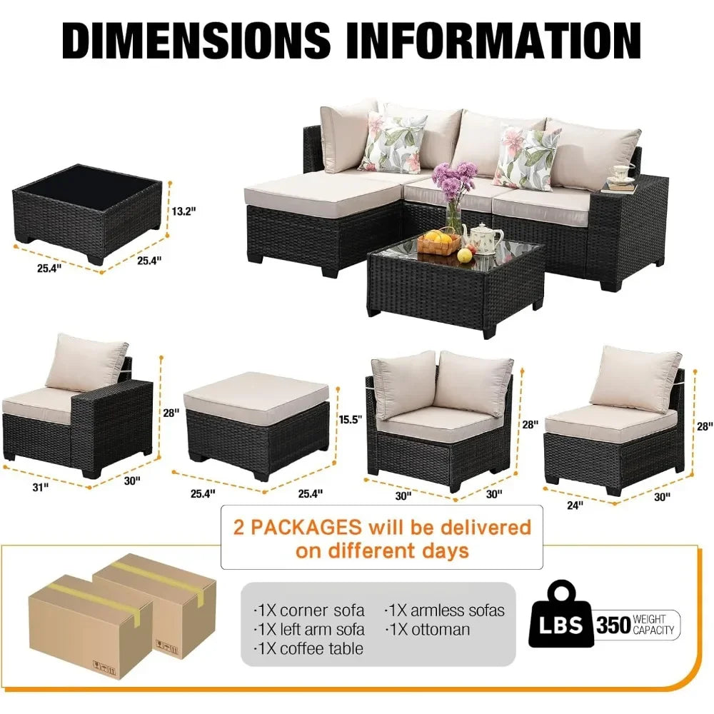 5-Piece Patio Furniture Set – All-Weather Wicker Rattan Sectional Sofa with Cushions for Durable Outdoor Comfort