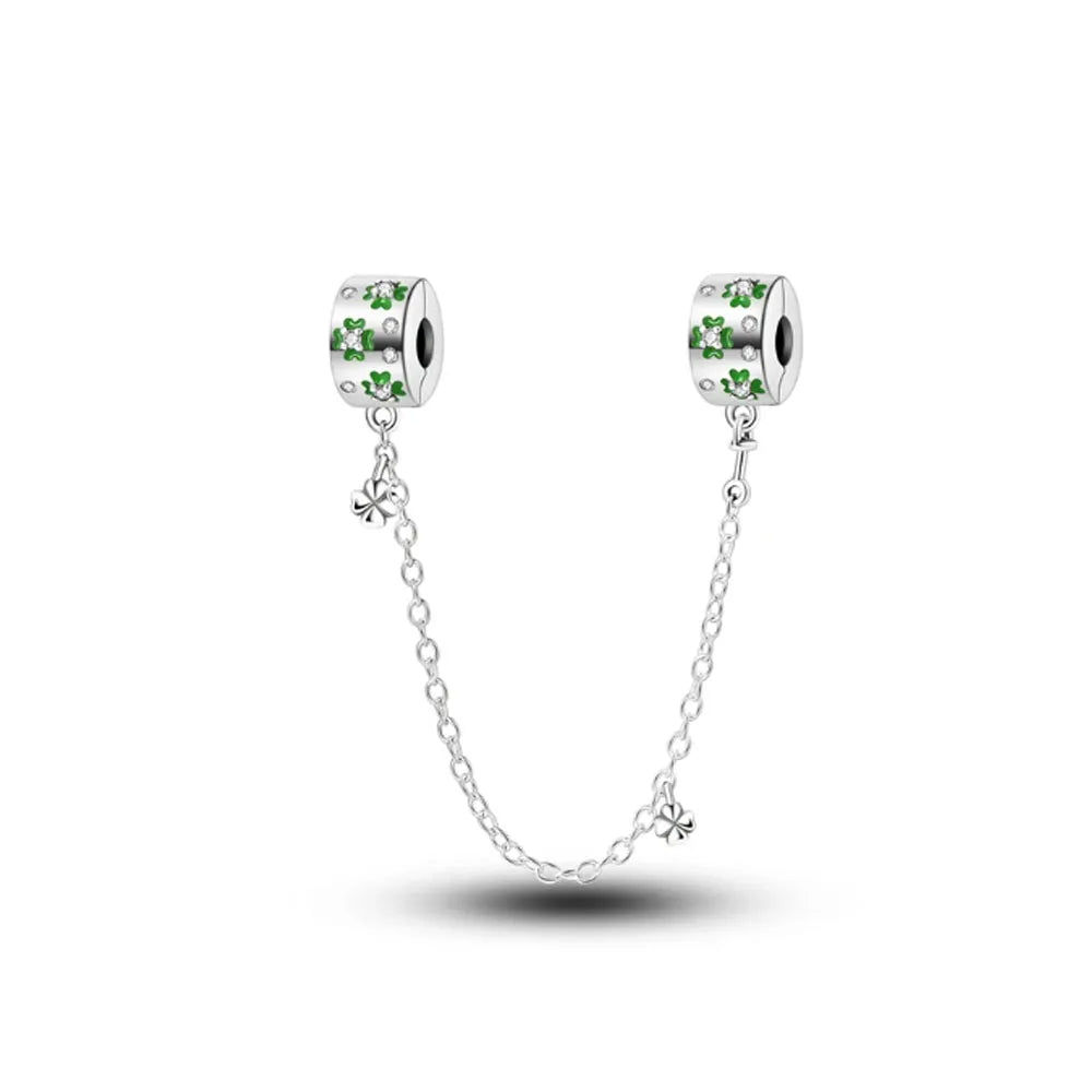 New 925 Silver Horseshoe Clover Star Cat Charm True eyes Pendant Safety Chain Bead Fit Original Bracelet Jewellery Gift dragon