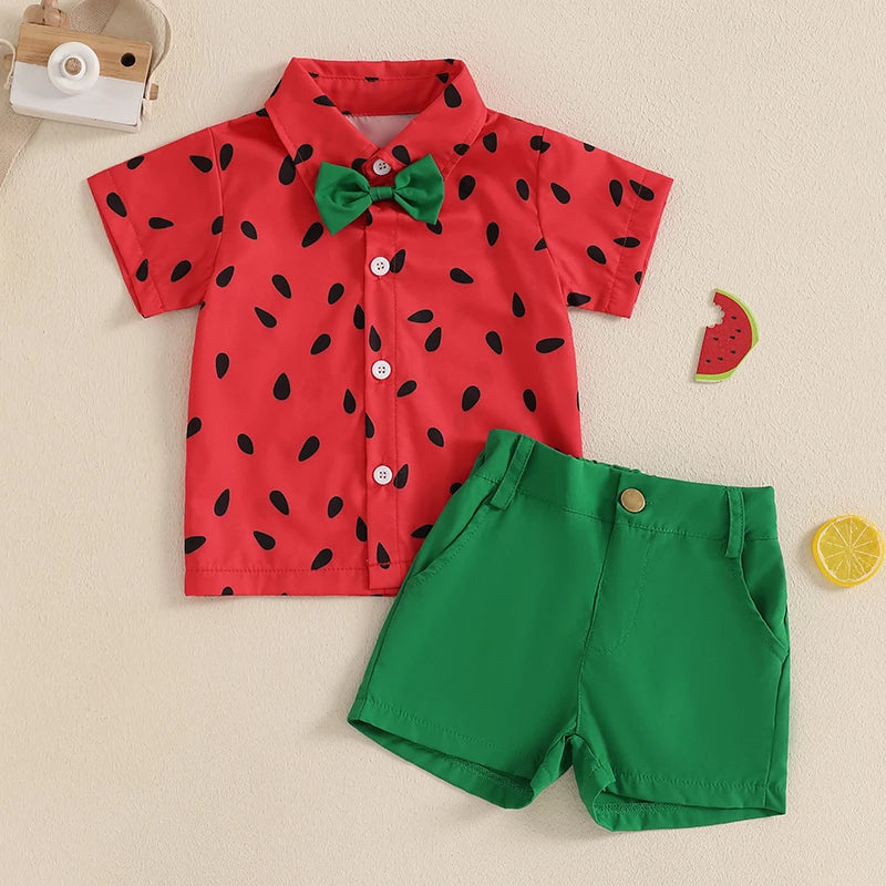 Lioraitiin Toddler Baby Boy Summer Outfits Watermelon Pattern Button Down Turn Down Collar Short Sleeve Shirt with Shorts Set