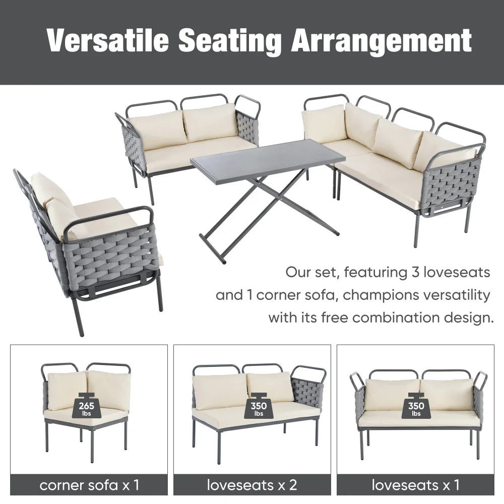 Garden Furniture Sets 5-Piece Modern Patio Sectional Sofa Set Outdoor Woven Rope Furniture Set with Glass Table and Cushions